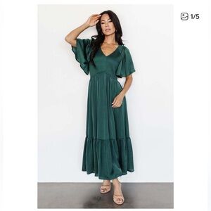 Baltic Born Lovell Green Midi Dress w/ Smocked Waist & V- neck